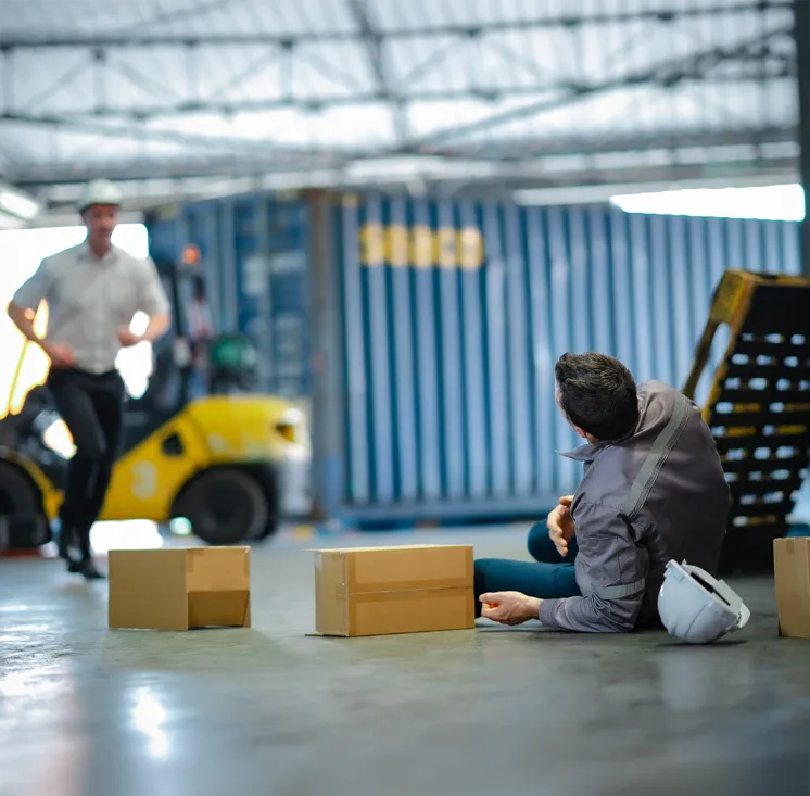 An injured warehouse worker on the floor as a supervisor runs over